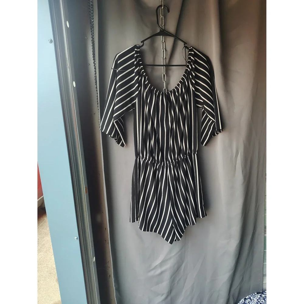 Ambiance Striped Romper Black White‎ Off Shoulder Elastic Waist Large